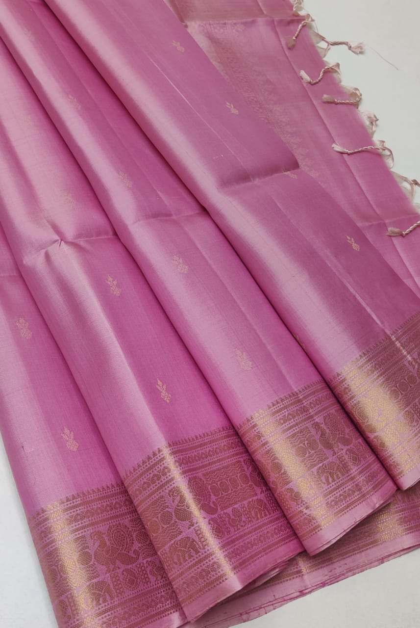 Pastel Kanchipuram Silk Saree featuring fine self-brocade buttis Pastel Pink